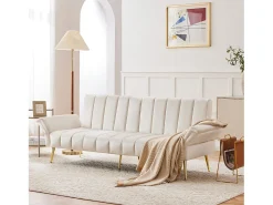 Sofá-cama reto de 2 lugares em veludo bege, encosto e braços dobráveis - 183x76x75cm