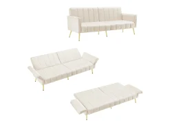Sofá-cama reto de 2 lugares em veludo bege, encosto e braços dobráveis ​​- 183x76x75cm