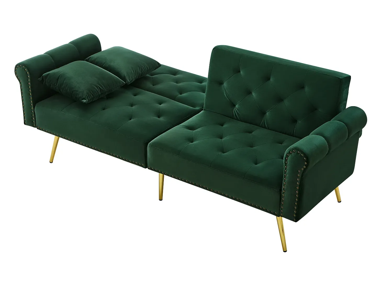 Sofá-cama reto de 2 lugares em veludo verde, encosto rebatível em 3 posições - 173x75x70cm