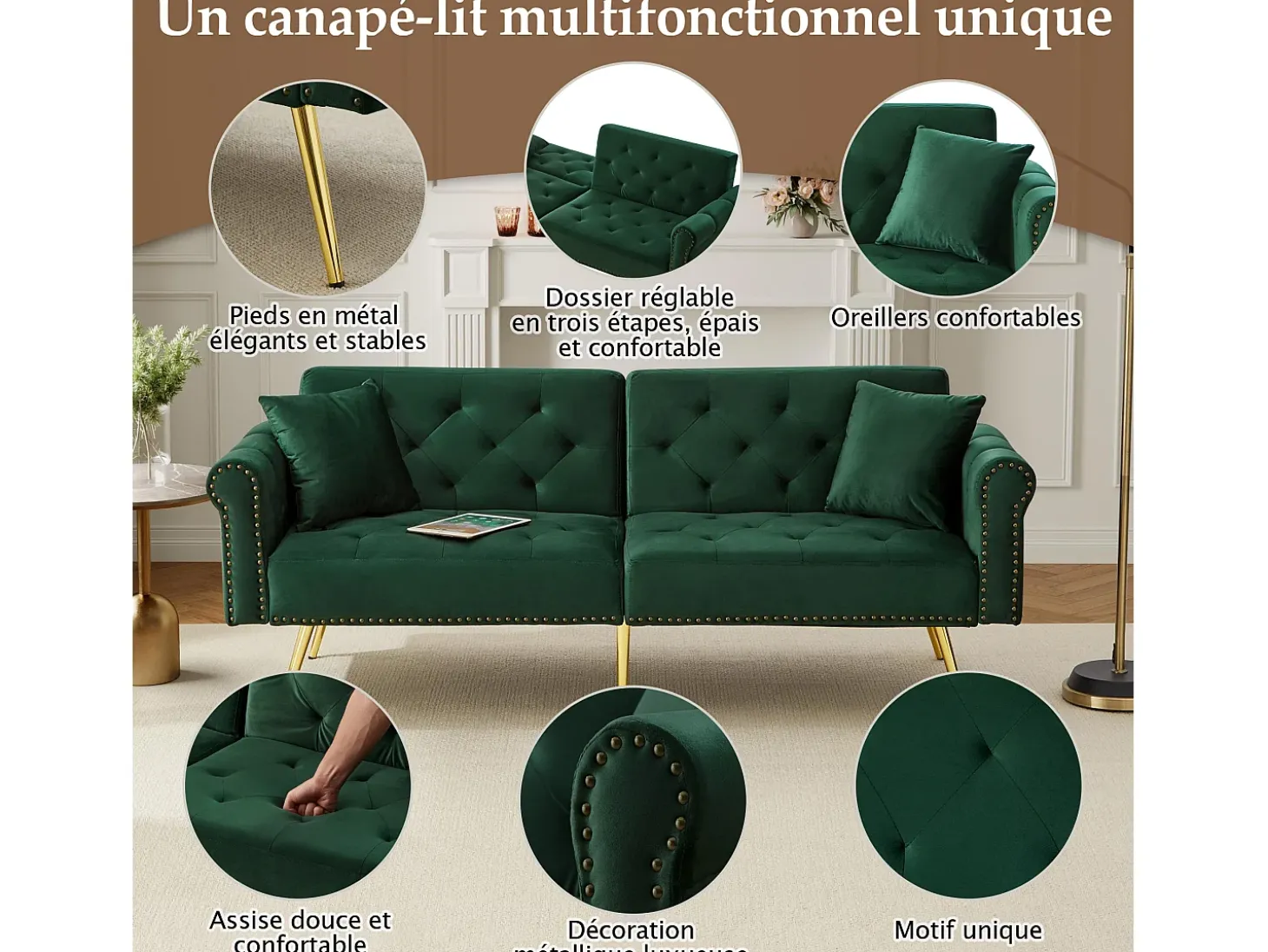 Sofá-cama reto de 2 lugares em veludo verde, encosto rebatível em 3 posições - 173x75x70cm