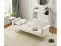 Sofá-cama reto de 2 lugares em veludo bege, encosto rebatível em 3 posições - 173x75x70cm