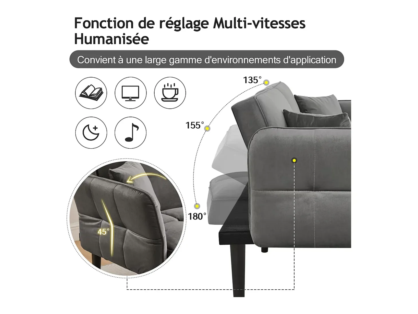 Sofá-cama reto de 2 lugares em veludo cinza com pés de madeira preta, encosto dobrável - 176x78x76cm