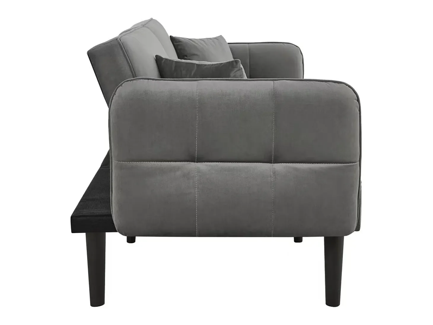 Sofá-cama reto de 2 lugares em veludo cinza com pés de madeira preta, encosto dobrável - 176x78x76cm