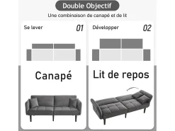 Sofá-cama reto de 2 lugares em veludo cinza com pés de madeira preta, encosto dobrável - 176x78x76cm