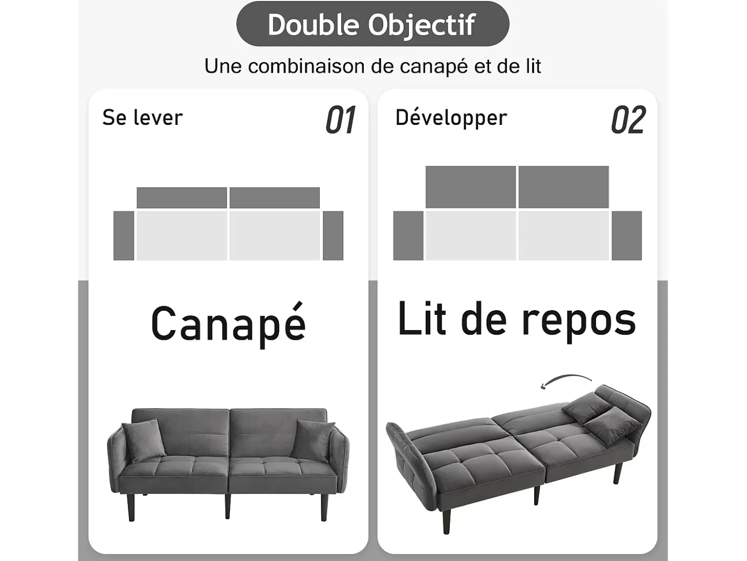 Sofá-cama reto de 2 lugares em veludo cinza com pés de madeira preta, encosto dobrável - 176x78x76cm