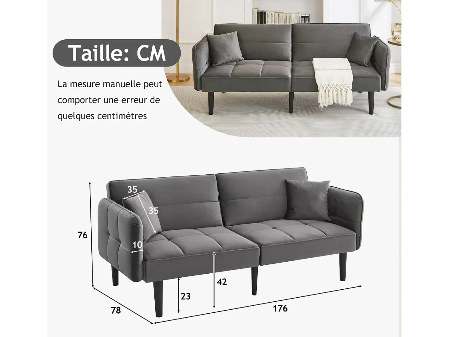 Sofá-cama reto de 2 lugares em veludo cinza com pés de madeira preta, encosto dobrável - 176x78x76cm
