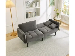 Sofá-cama reto de 2 lugares em veludo cinza com pés de madeira preta, encosto dobrável - 176x78x76cm