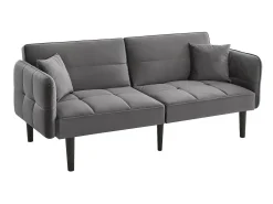 Sofá-cama reto de 2 lugares em veludo cinza com pés de madeira preta, encosto dobrável - 176x78x76cm