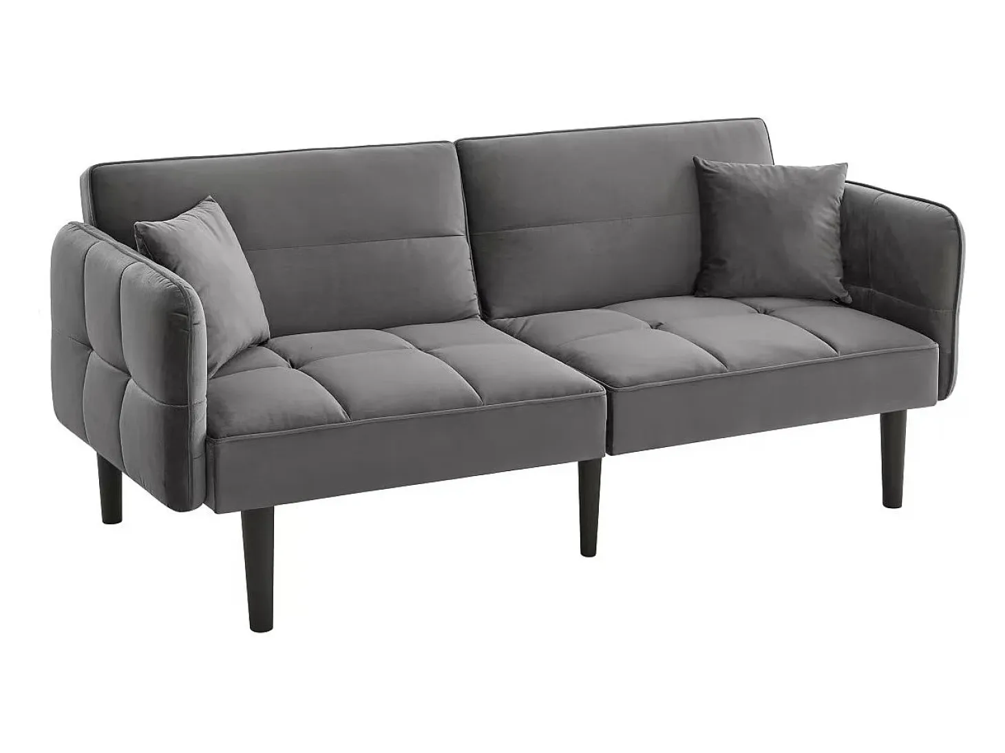 Sofá-cama reto de 2 lugares em veludo cinza com pés de madeira preta, encosto dobrável - 176x78x76cm
