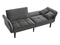 Sofá-cama reto de 2 lugares em veludo cinza com pés de madeira preta, encosto dobrável - 176x78x76cm