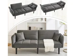 Sofá-cama reto de 2 lugares em veludo cinza com pés de madeira preta, encosto dobrável - 176x78x76cm
