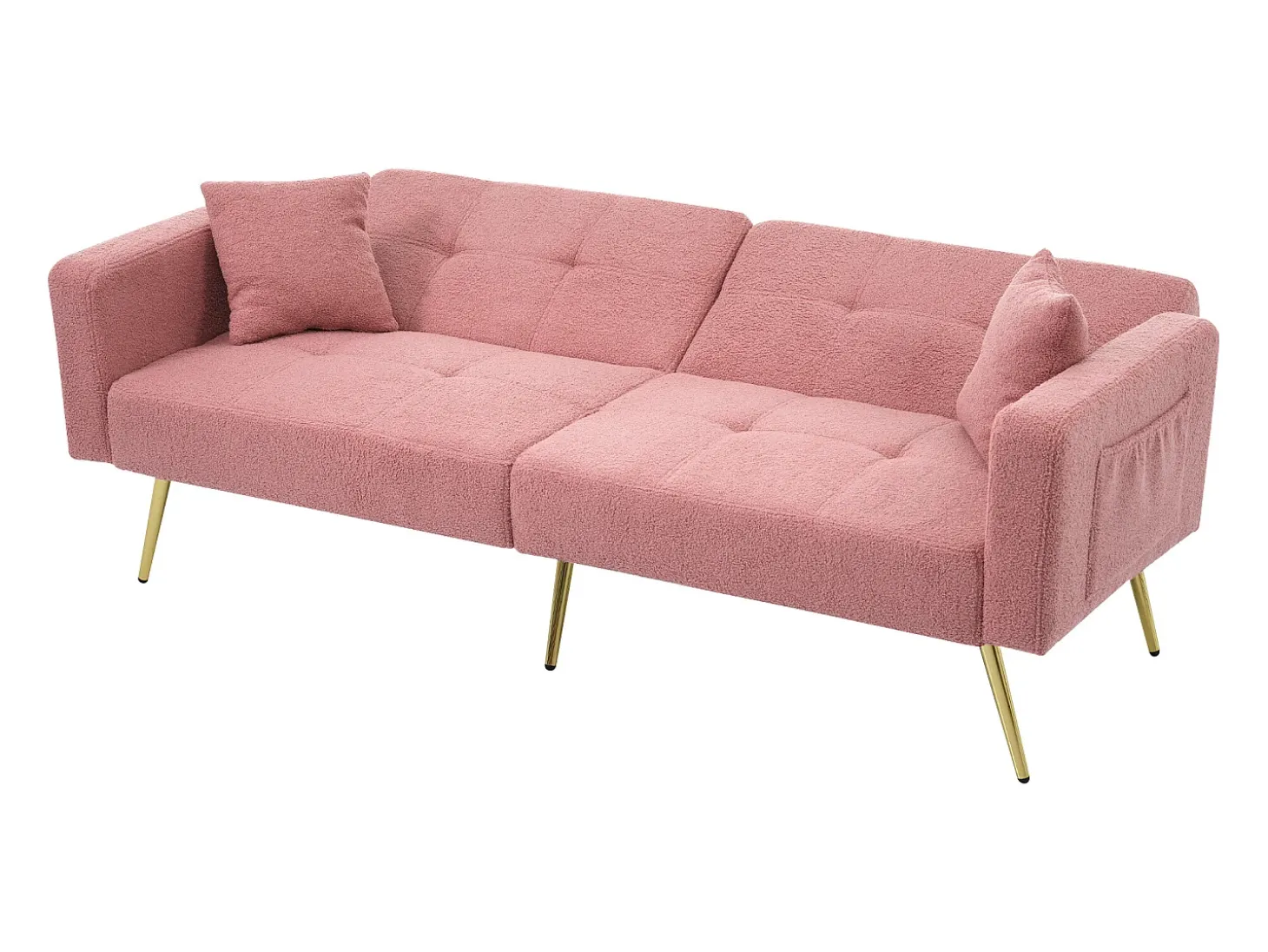 Sofá-cama reto de 2 lugares em sherpa rosa, encosto dobrável em 3 posições - 175x64x72cm