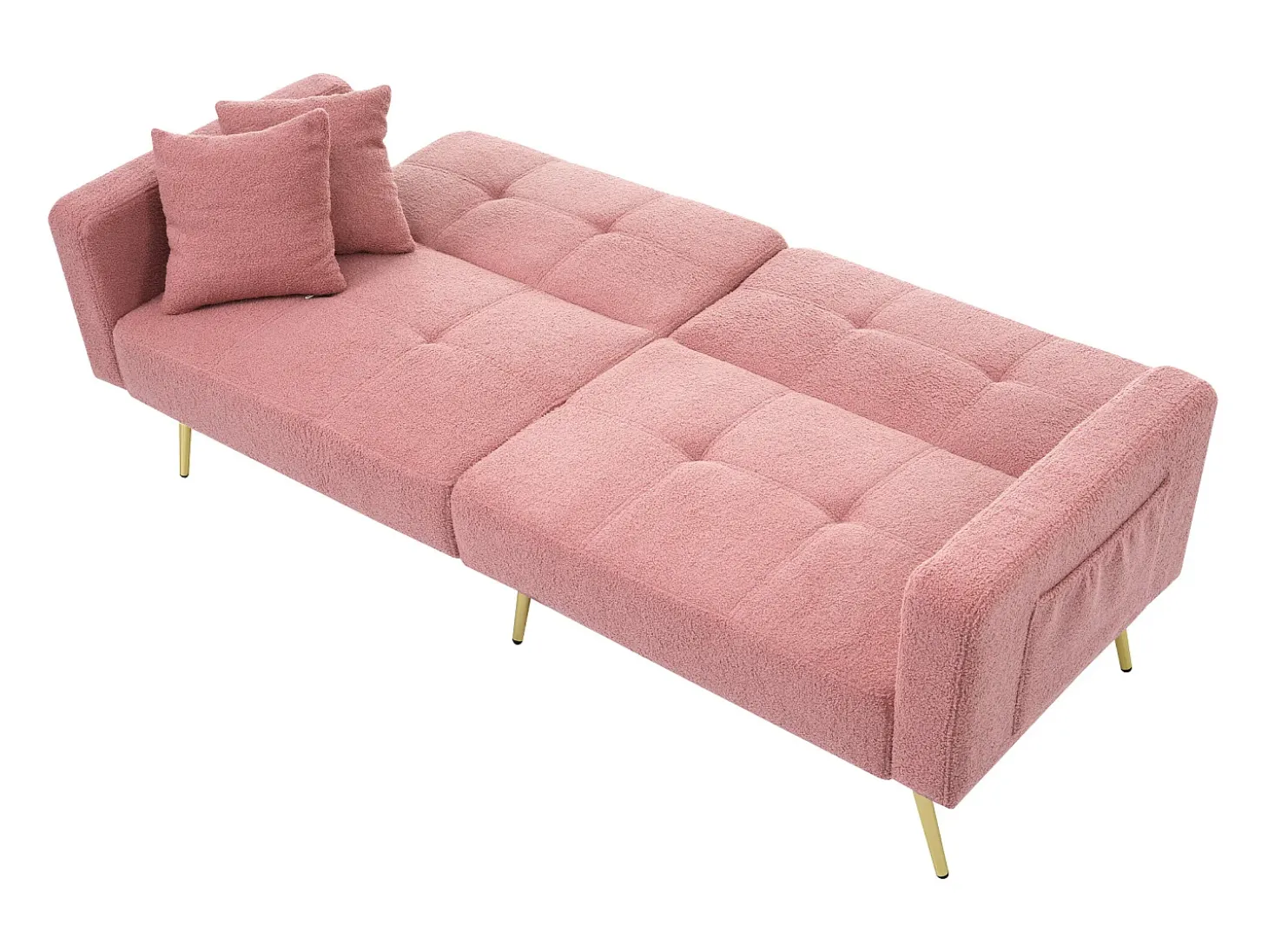 Sofá-cama reto de 2 lugares em sherpa rosa, encosto dobrável em 3 posições - 175x64x72cm
