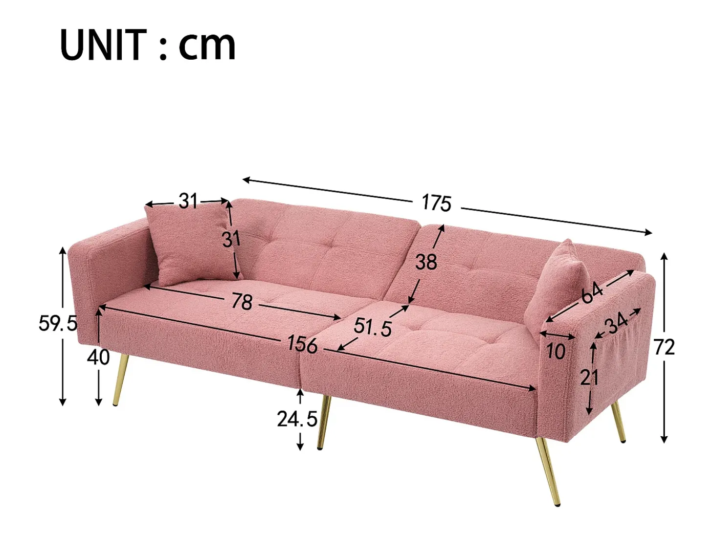 Sofá-cama reto de 2 lugares em sherpa rosa, encosto dobrável em 3 posições - 175x64x72cm