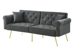 Sofá-cama reto de 2 lugares em veludo cinza, encosto rebatível em 3 posições - 173x75x70cm