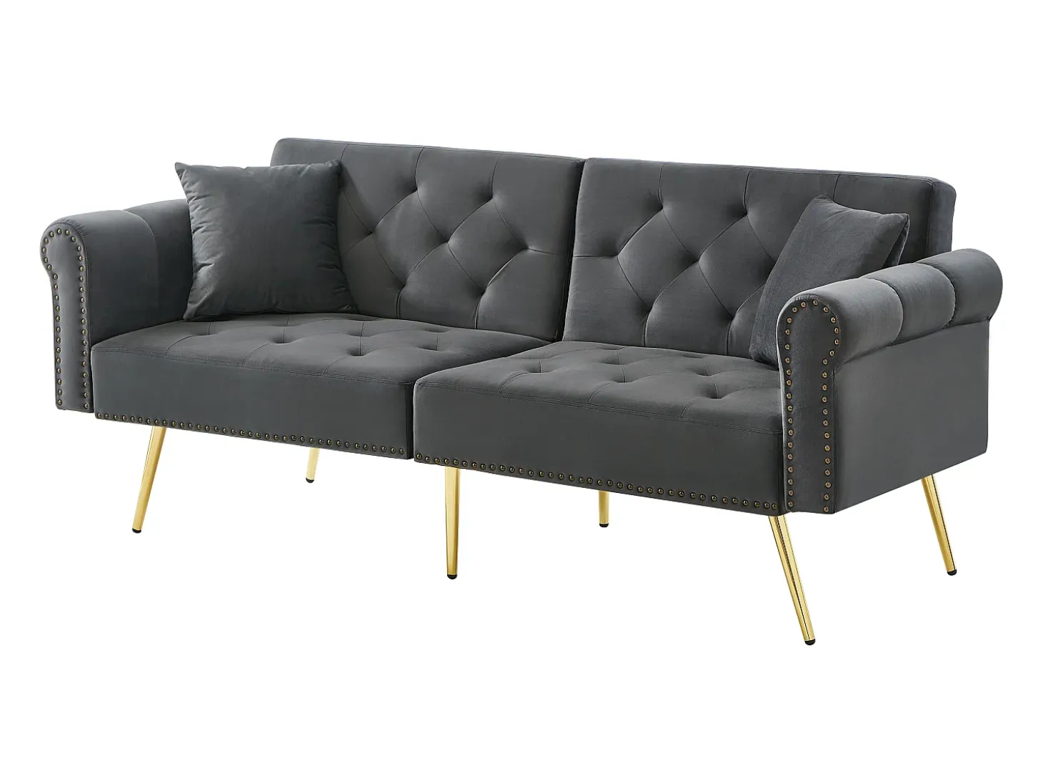 Sofá-cama reto de 2 lugares em veludo cinza, encosto rebatível em 3 posições - 173x75x70cm