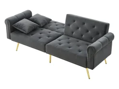 Sofá-cama reto de 2 lugares em veludo cinza, encosto rebatível em 3 posições - 173x75x70cm
