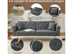 Sofá-cama reto de 2 lugares em veludo cinza, encosto rebatível em 3 posições - 173x75x70cm