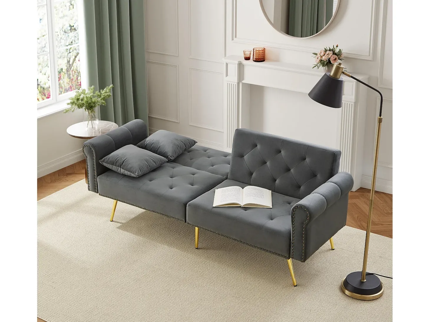 Sofá-cama reto de 2 lugares em veludo cinza, encosto rebatível em 3 posições - 173x75x70cm