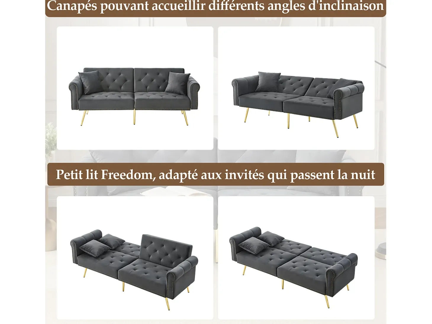 Sofá-cama reto de 2 lugares em veludo cinza, encosto rebatível em 3 posições - 173x75x70cm