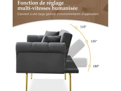 Sofá-cama reto de 2 lugares em veludo cinza, encosto rebatível em 3 posições - 173x75x70cm