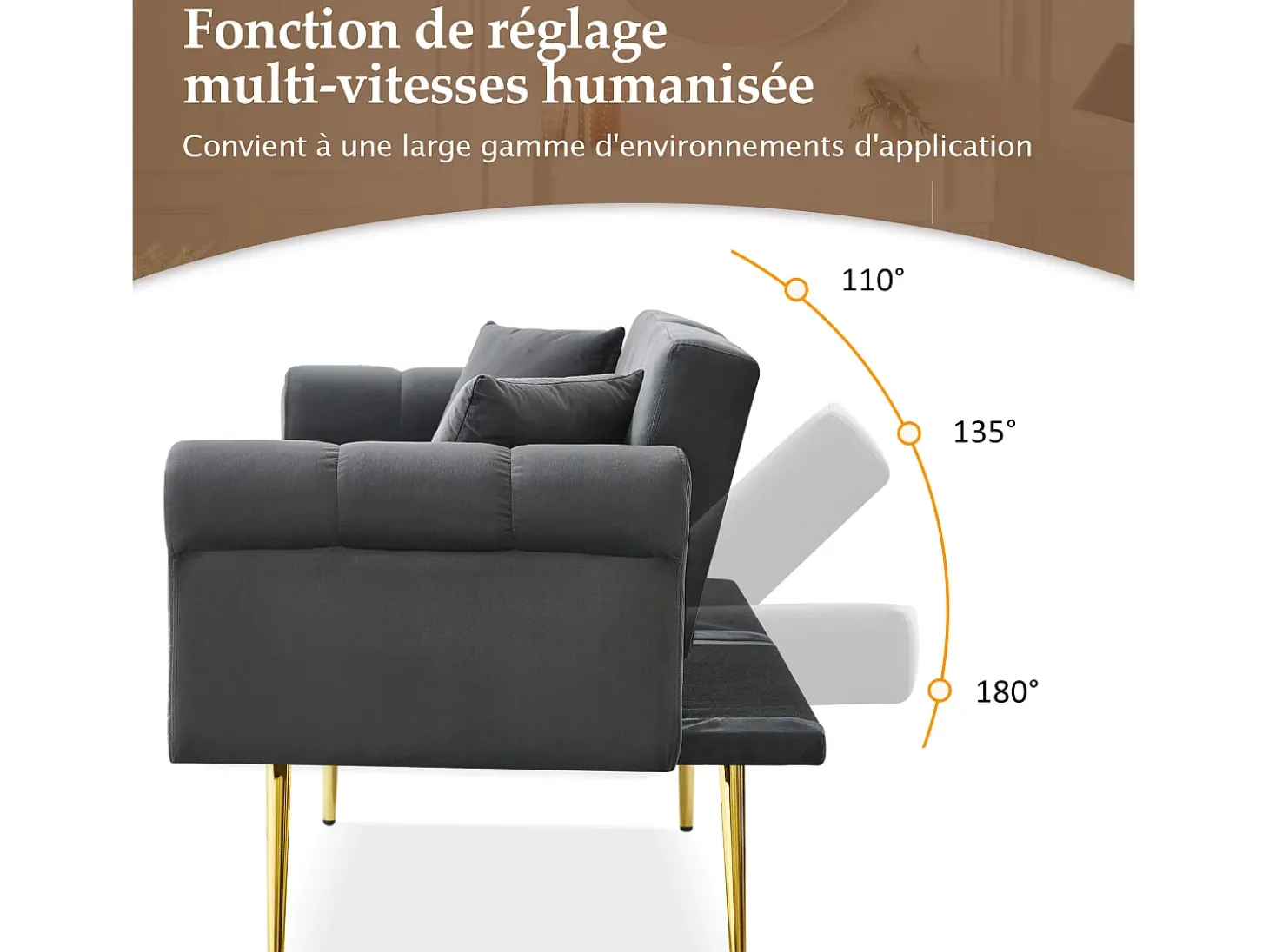 Sofá-cama reto de 2 lugares em veludo cinza, encosto rebatível em 3 posições - 173x75x70cm