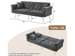 Sofá-cama reto de 2 lugares em veludo cinza, encosto rebatível em 3 posições - 173x75x70cm