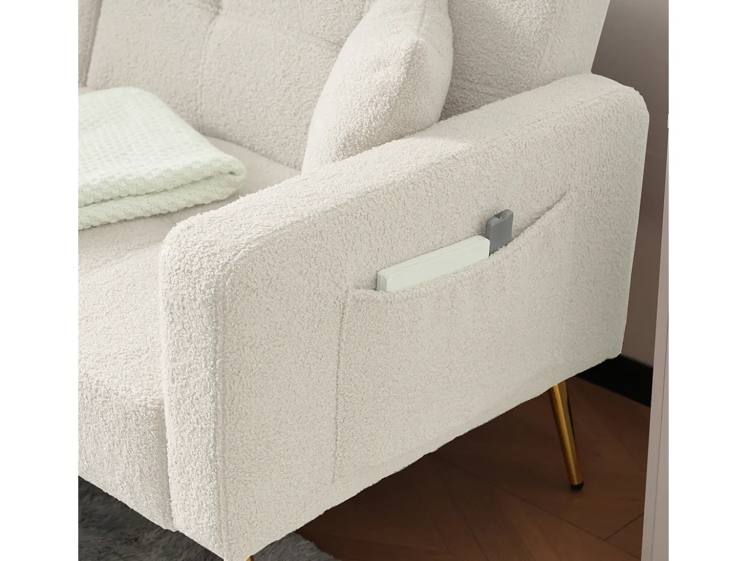 Sofá-cama reto de 2 lugares em sherpa branca, encosto dobrável em 3 posições - 175x64x72cm