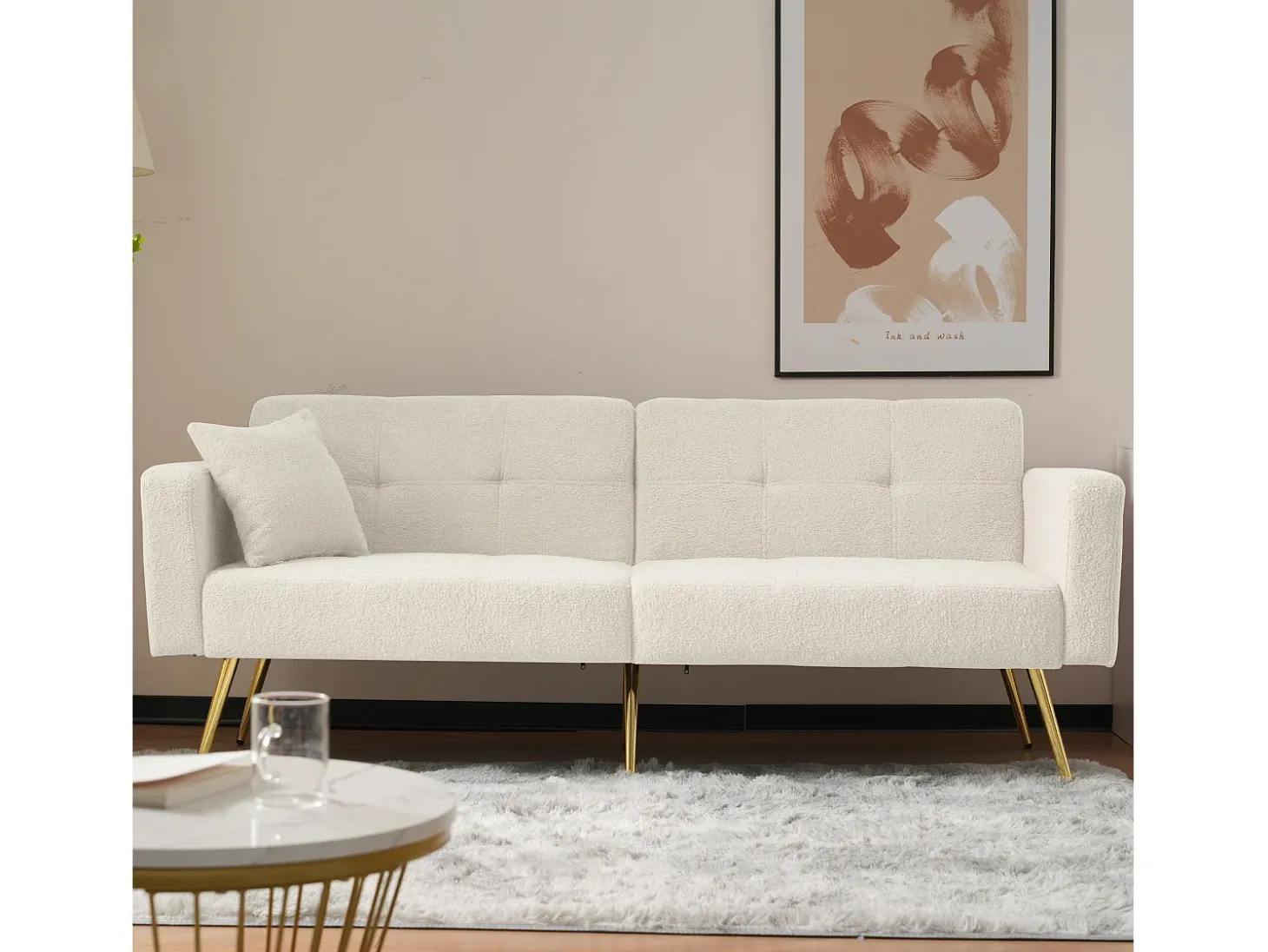 Sofá-cama reto de 2 lugares em sherpa branca, encosto dobrável em 3 posições - 175x64x72cm