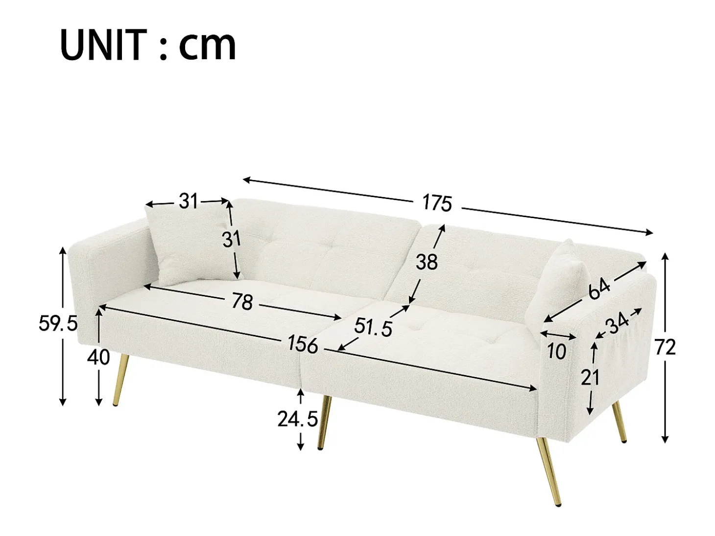 Sofá-cama reto de 2 lugares em sherpa branca, encosto dobrável em 3 posições - 175x64x72cm