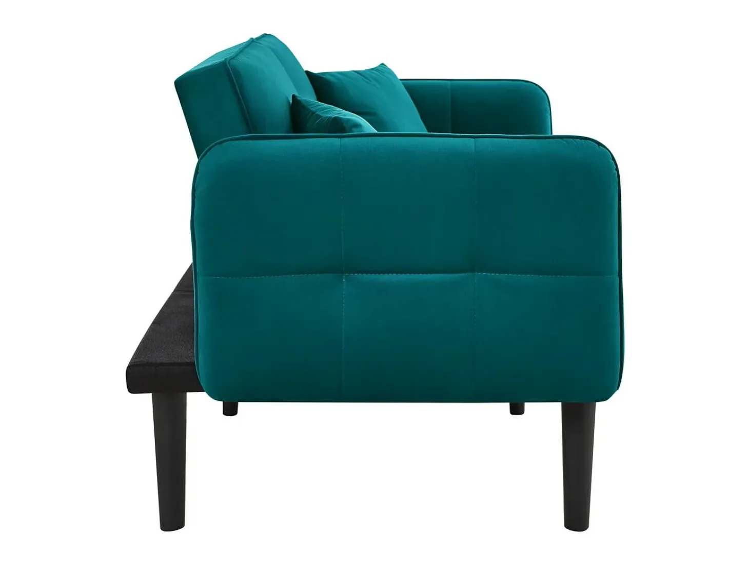 Sofá-cama reto de 2 lugares em veludo verde com pés de madeira preta, encosto dobrável - 176x78x76cm