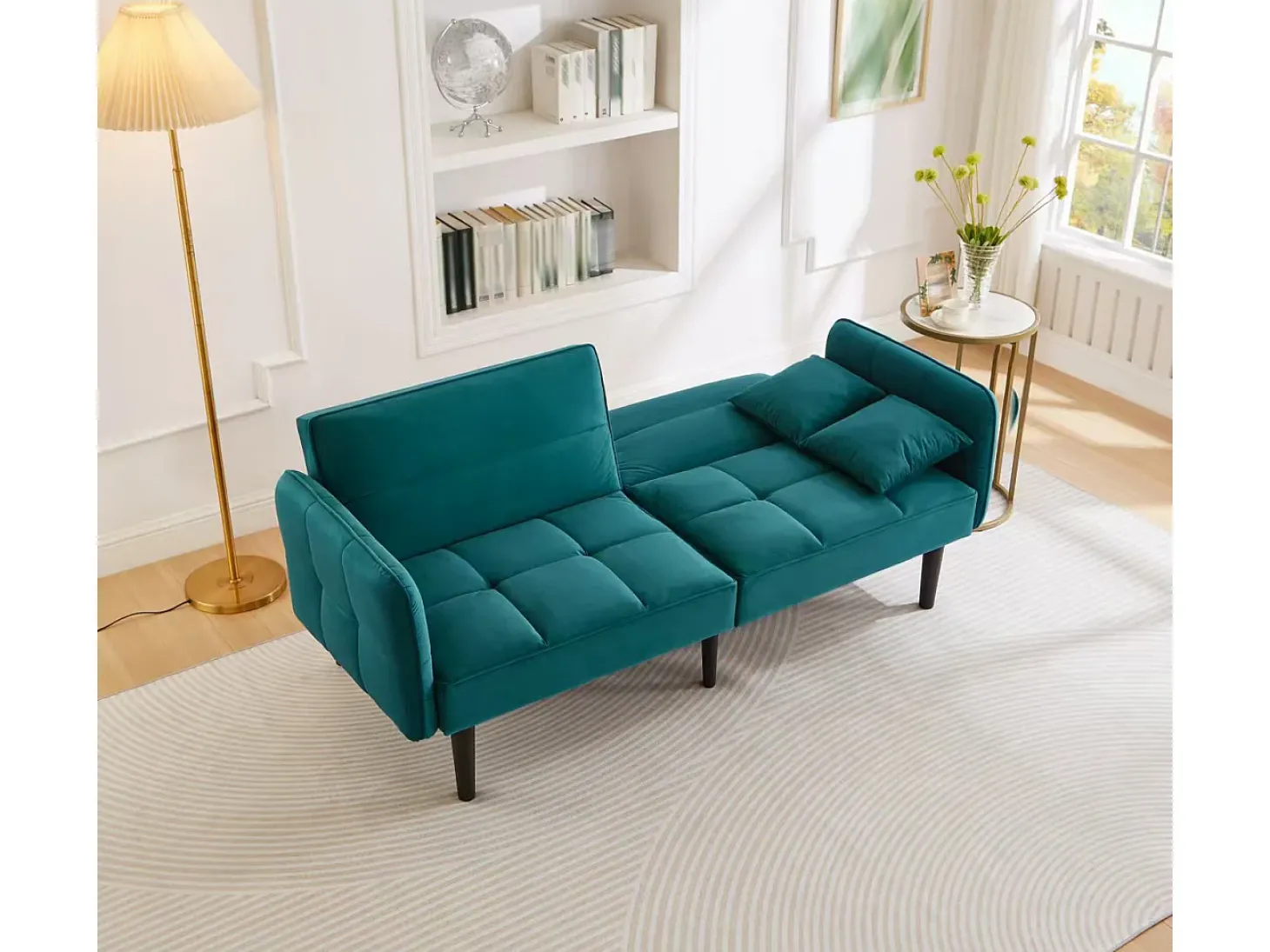 Sofá-cama reto de 2 lugares em veludo verde com pés de madeira preta, encosto dobrável - 176x78x76cm