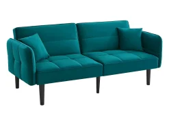 Sofá-cama reto de 2 lugares em veludo verde com pés de madeira preta, encosto dobrável - 176x78x76cm