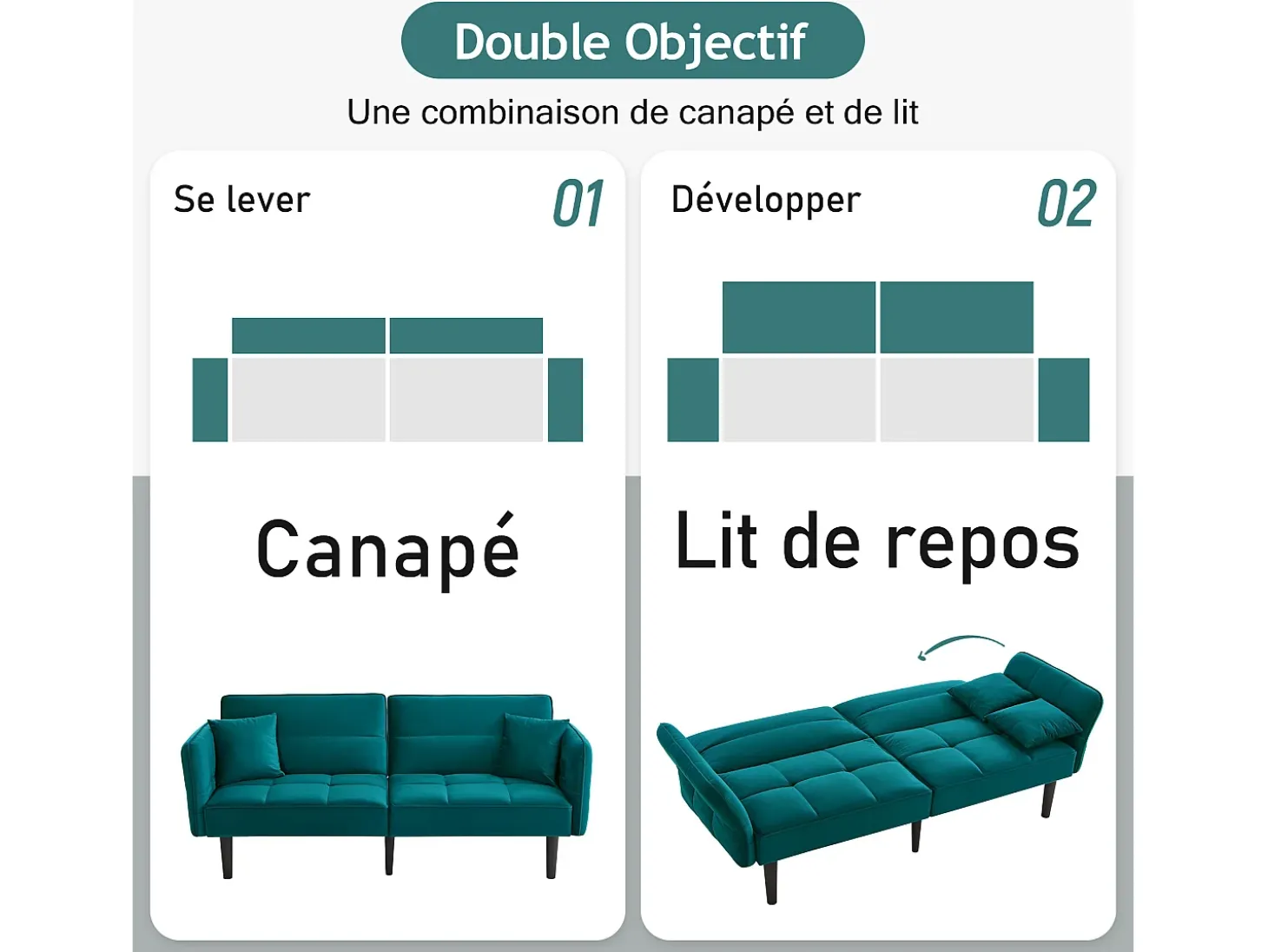 Sofá-cama reto de 2 lugares em veludo verde com pés de madeira preta, encosto dobrável - 176x78x76cm