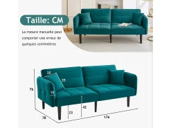 Sofá-cama reto de 2 lugares em veludo verde com pés de madeira preta, encosto dobrável - 176x78x76cm
