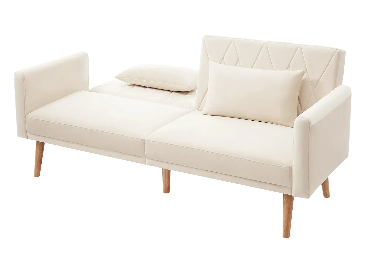 Sofá-cama reto de 2 lugares em veludo bege, 2 almofadas incluídas - 180x75x82cm