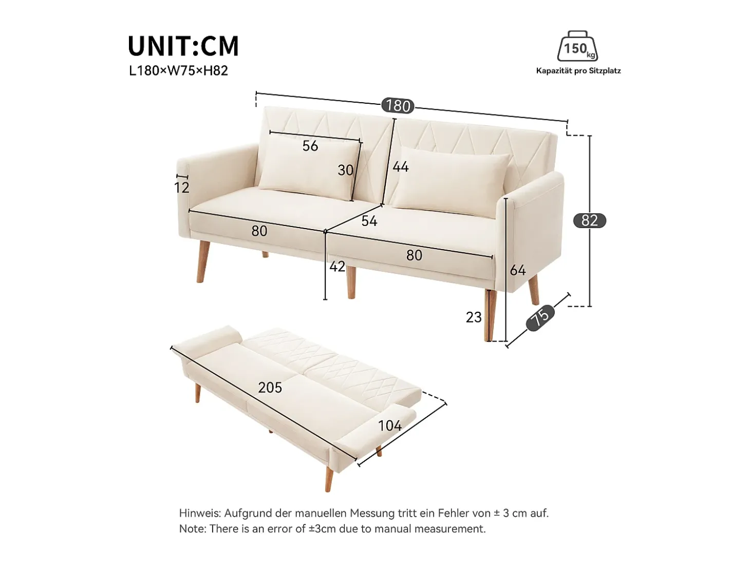 Sofá-cama reto de 2 lugares em veludo bege, 2 almofadas incluídas - 180x75x82cm