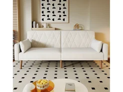 Sofá-cama reto de 2 lugares em veludo bege, 2 almofadas incluídas - 180x75x82cm