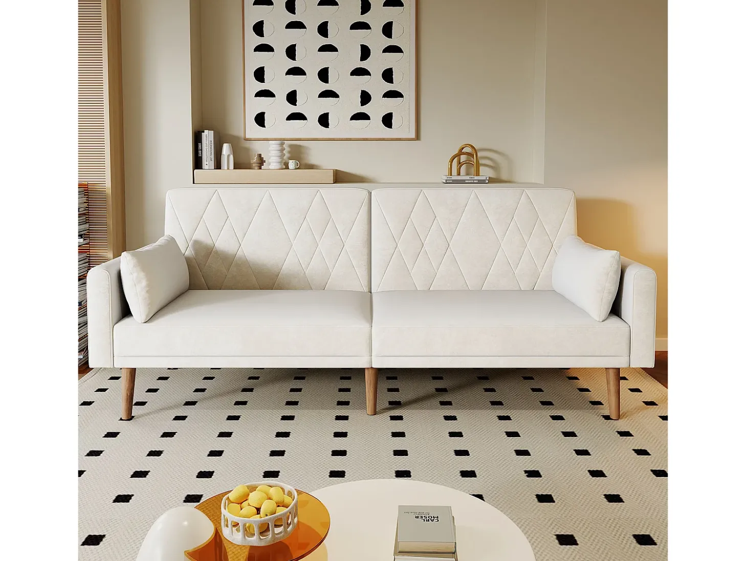 Sofá-cama reto de 2 lugares em veludo bege, 2 almofadas incluídas - 180x75x82cm