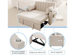 Sofá-cama retrátil - 100 x 160 cm - casal com encosto regulável + com porta + copa e almofadas - bege