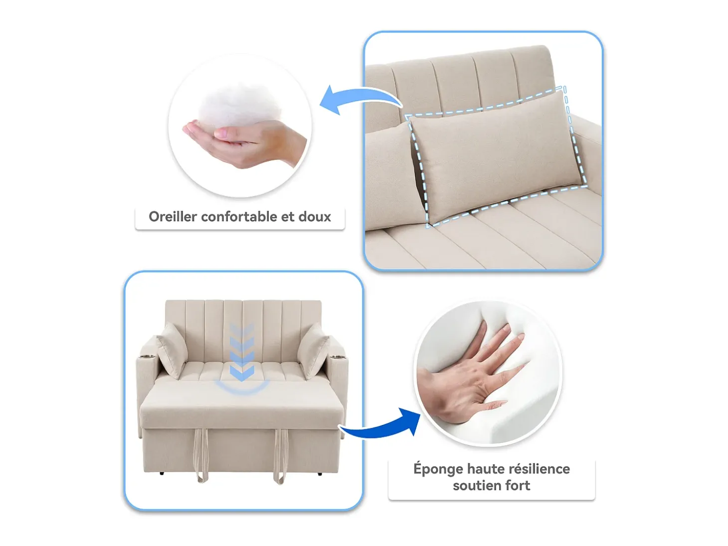 Sofá-cama retrátil - 100 x 160 cm - casal com encosto regulável + com porta + copa e almofadas - bege