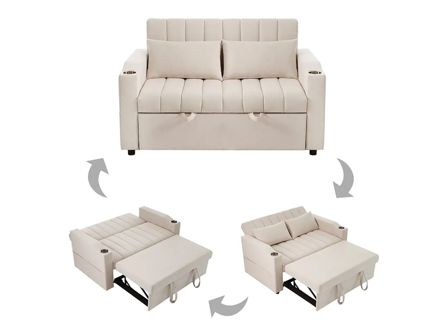 Sofá-cama retrátil - 100 x 160 cm - casal com encosto regulável + com porta + copa e almofadas - bege
