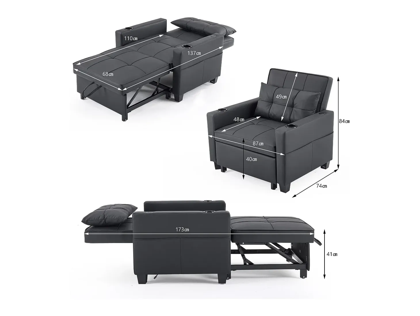 Sofá-cama retrátil 3 em 1 com porta-copos e porta USB, sofá-cama ajustável como poltrona ou cama, economizando espaço em cômodos pequenos