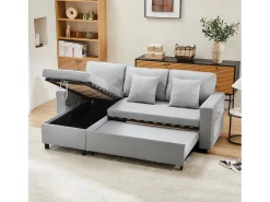 Sofá-cama, sofá em forma de L, espaço de arrumação, bolsos para copos, reversível, cinzento