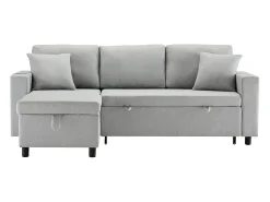 Sofá-cama, sofá em forma de L, espaço de arrumação, bolsos para copos, reversível, cinzento