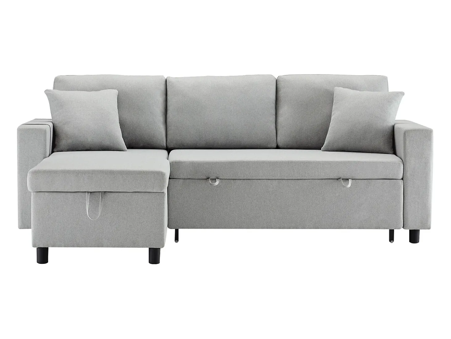 Sofá-cama, sofá em forma de L, espaço de arrumação, bolsos para copos, reversível, cinzento