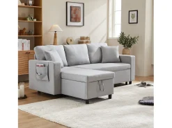 Sofá-cama, sofá em forma de L, espaço de arrumação, bolsos para copos, reversível, cinzento