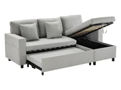 Sofá-cama, sofá em forma de L, espaço de arrumação, bolsos para copos, reversível, cinzento