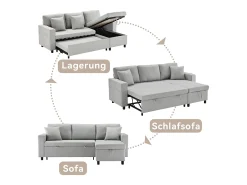 Sofá-cama, sofá em forma de L, espaço de arrumação, bolsos para copos, reversível, cinzento