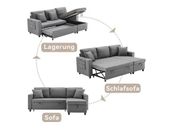 Sofá-cama, sofá em forma de L, bolsa para copos, intercambiável esquerda/direita, cinzento escuro